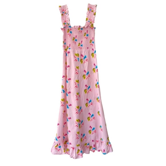 GANNI | Smocked Pink Floral Midi Dress, Size FR 34/US 2 100% Cotton - Picture 7 of 14